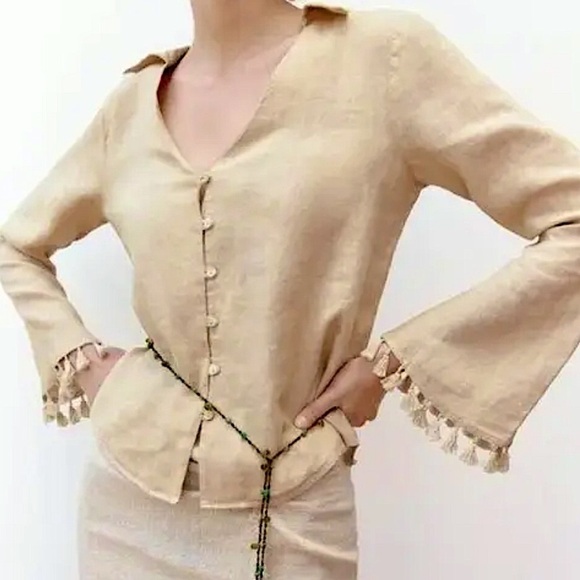 Zara Linen Fringe Bell Sleeve Button Down Shirt - Picture 1 of 9